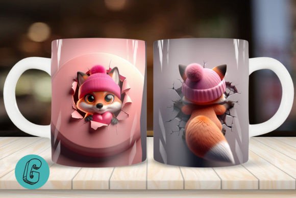 3D Fox Valentine Mug Wrap 2 Sided (03) for Creative Projects