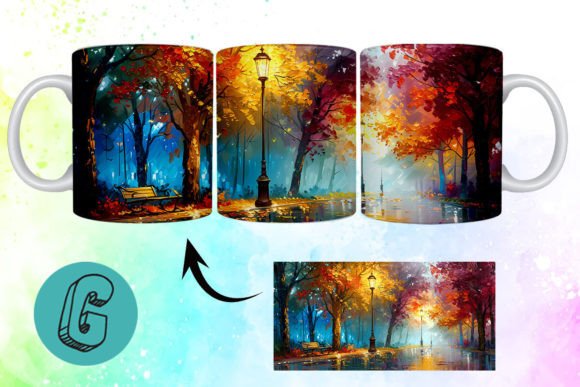 3D Oil Paint Fall Street Mug Wrap: Autumnal Design Asset