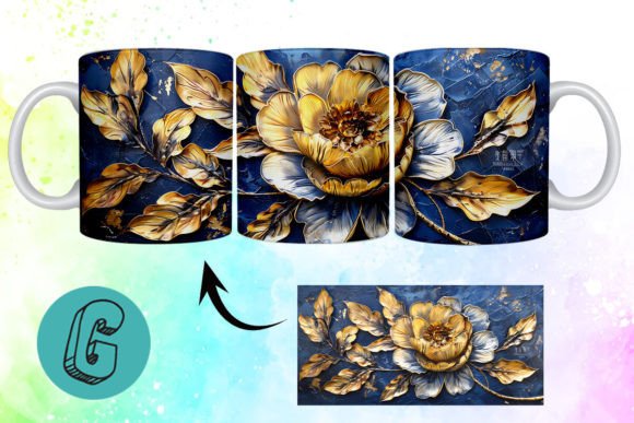 3D Oil Paint Gold Flower Mug Wrap 10: Elegant Digital Art